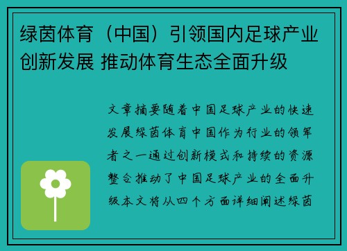 绿茵体育（中国）引领国内足球产业创新发展 推动体育生态全面升级