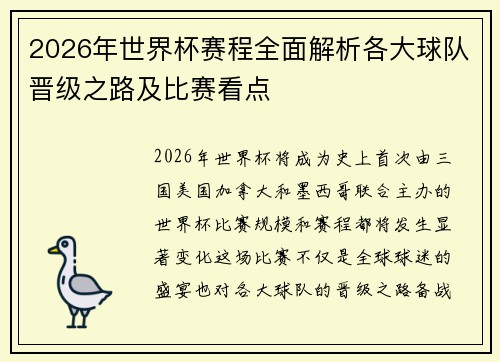 2026年世界杯赛程全面解析各大球队晋级之路及比赛看点
